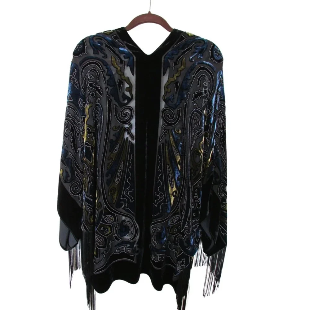 Chico Travelers Collection Fringed Evening Jacket Multi Blue and Black - Picture 4 of 5
